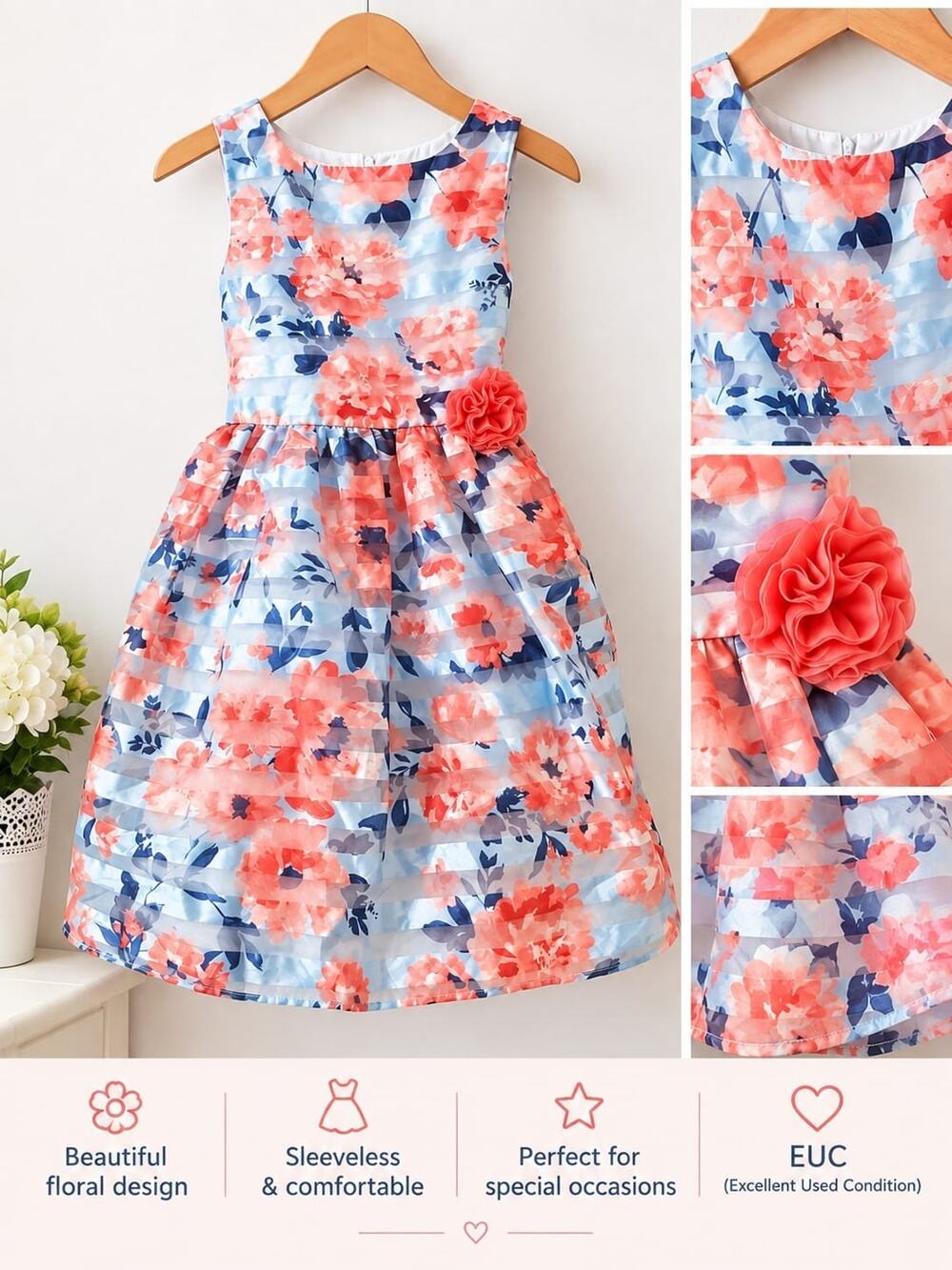 8T girl JONA MICHELLE Pink Blue Stripe Floral Easter Formal Church Dress